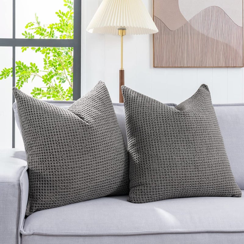 COCOPLOCEUS 26x26 Pillow Covers Set of 2 Euro Shams Cotton Euro Sham Pillow Covers Waffle Weave Pillowcase Farmhouse Decorative Euro Throw Pillow Covers for Couch Sofa Bedroom Car  Chocolate Grey - Image 2